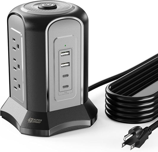 Surge Protector Power Strip Tower with 10-Foot Extension Cord, 9 Outlets, 4 USB Ports, 1080 Joules, Grounded 3-Prong Design, Enhanced Safety Features for Home and Office, Black